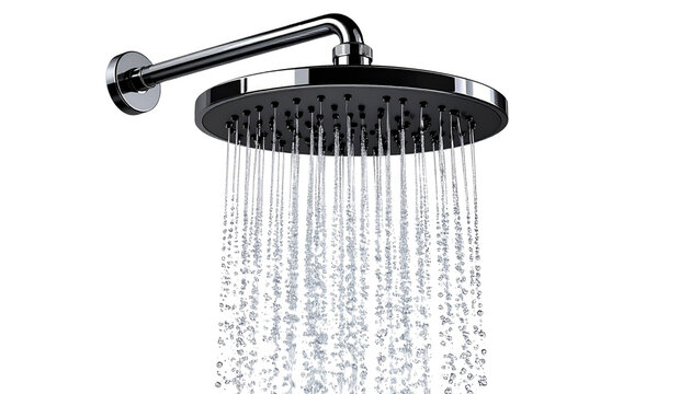 Chrome-plated shower head with a single, tumbled spray against a white background