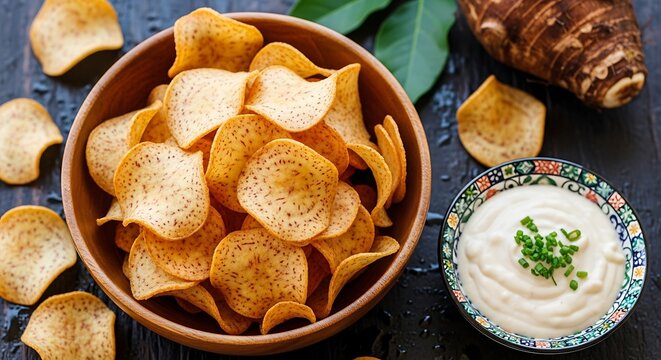 Delicious Taro Chips with Creamy Dip, a Tasty Snack.