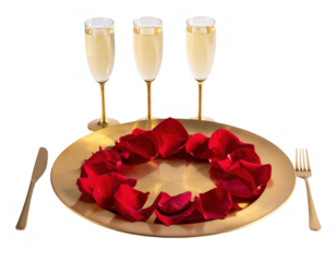 Golden dinner plate with red rose petals and two flutes,white background.