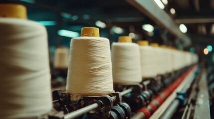 Workers operate machines in a home textile manufacturing plant. Spools of thread are lined up, showing operations of producing textile goods for homes