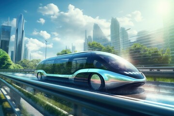 Futuristic pod vehicle offering eco friendly rapid public transportation in a smart green metropolis
