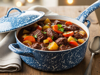 Hearty beef stew with vegetables in blue pot on wooden table  