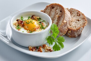 A plated breakfast shows a half egg bowl topped with chopped herbs and nuts, accompanied by slices of whole grain bread on a white plate during morning time