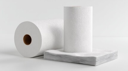 A large roll of paper towels stands beside a pack of glossy napkins on a smooth surface, likely in a kitchen area ready for use during meals or cleaning