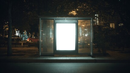 A bus stop shows a mockup display that is backlit in the evening. The area is quiet with minimal activity and dim lighting illuminating nearby structures