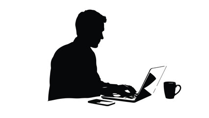 Silhouette of young professional man working on laptop computer at desk with coffee cup in modern office setting