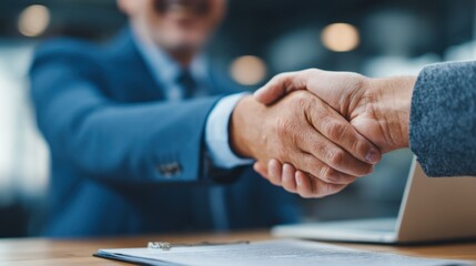 Two business professionals shake hands to finalize a deal in a modern office. They discuss investment options and strategies for growth at a wooden table