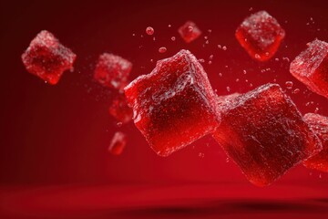Square gummies drop from above, creating a dynamic scene. The background features a gradient of red with light reflections, adding depth to the view