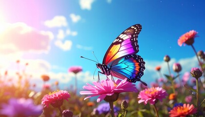 A luminous cybernetic butterfly with iridescent rainbow wings perched on a pink flower, glowing metallic body, surrounded by colorful wildflowers under a bright blue sky, fantasy sci-fi realism.