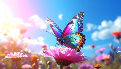 A luminous cybernetic butterfly with iridescent rainbow wings perched on a pink flower, glowing metallic body, surrounded by colorful wildflowers under a bright blue sky, fantasy sci-fi realism.