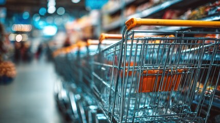 Several shopping carts sit in a grocery store aisle, waiting for shoppers. The store is busy with people moving around, filling their carts with items