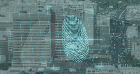 Animation of fingerprint scanning and digital padlocks over cityscape - Powered by Adobe