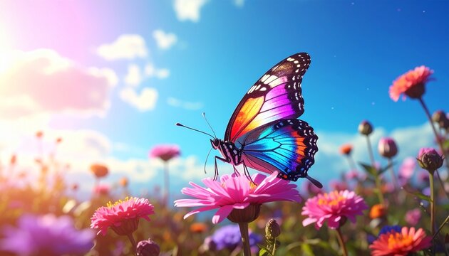 A luminous cybernetic butterfly with iridescent rainbow wings perched on a pink flower, glowing metallic body, surrounded by colorful wildflowers under a bright blue sky, fantasy sci-fi realism.