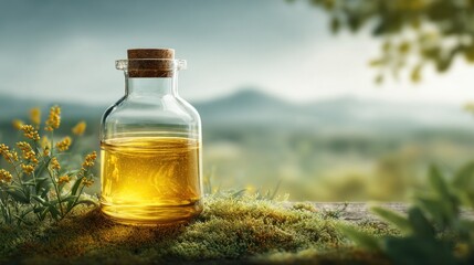 Cooking oil sits in a clear bottle in a natural area. The scene shows a transformation process with greenery and distant mountains