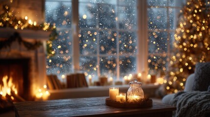 Candles glowing on a table in a living room decorated for Christmas. A fireplace burns warmly while snow falls outside the window
