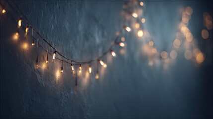 Fairy lights are arranged along a dark textured wall, adding warmth to the space during the late hours. The soft glow illuminates the surroundings gently