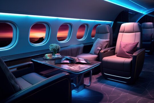 Interior of a private aircraft cabin featuring comfortable seats and illuminated ambient lighting