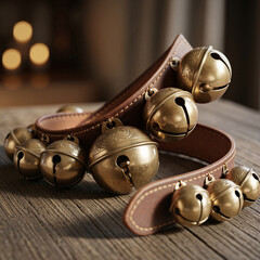 Brass jingle bells with leather strap on wooden surface  