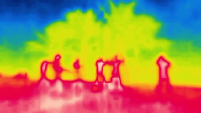Athletes do group exercises, individual warm-up exercises. Image from thermal imager device.