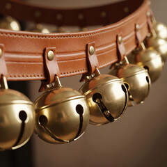 Decorative golden jingle bells attached to a brown leather strap  