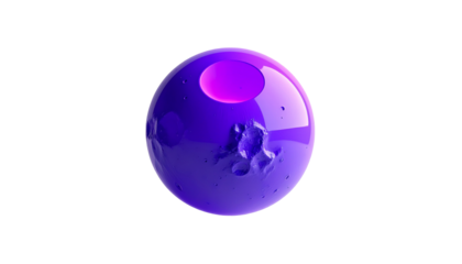 A glossy, purple sphere with craters and internal light against black