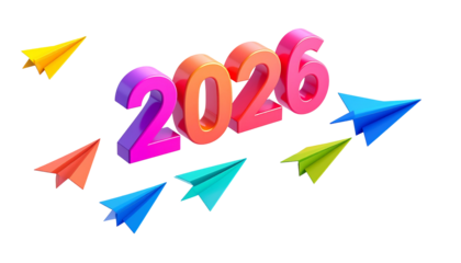 Colorful 3D "2026" text with paper airplanes on a black background