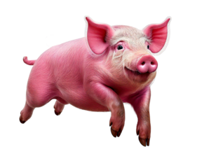Portrait of jumping pink pig isolated on transparent or white background