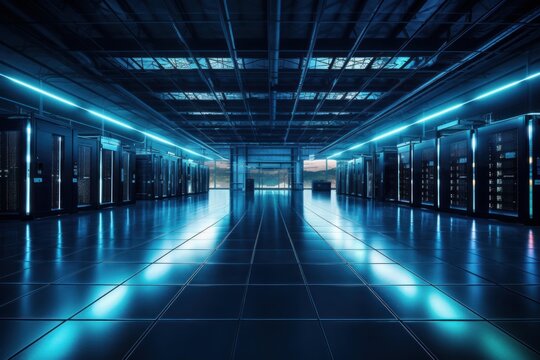 Server racks illuminated with blue light forming rows in a modern data center - Powered by Adobe