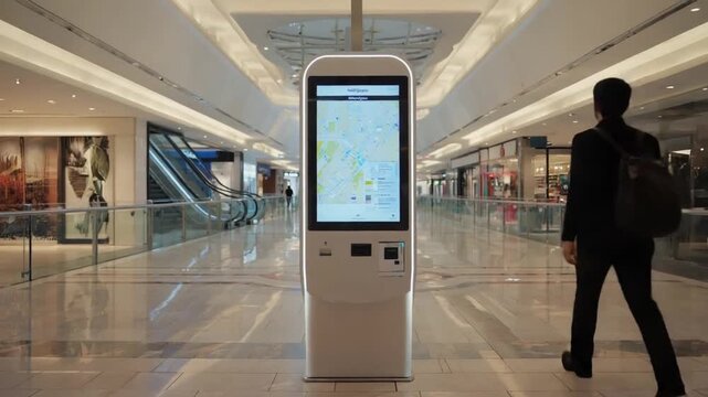 Modern kiosk with screen in a mall.
