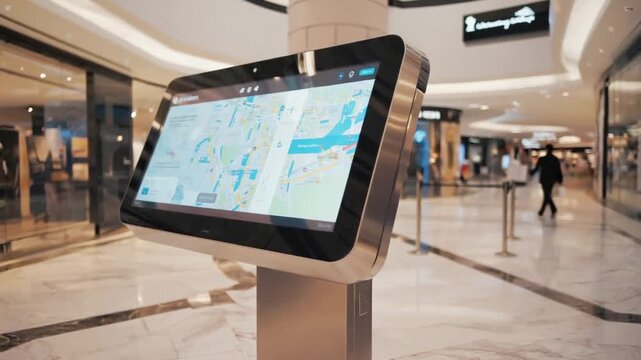Modern kiosk with screen in a mall.