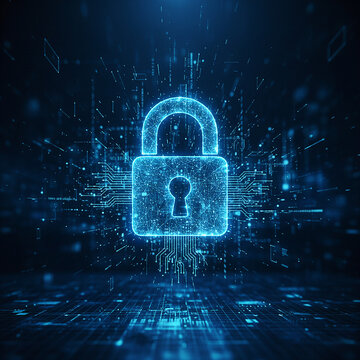 Abstract cybersecurity concept with digital lock and glowing data elements, dark blue tech background