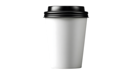 A white disposable paper coffee cup with lid for to-go beverages, isolated on transparent backgrounded, clean and realistic mockup composition, perfect for cafe or beverage design projects