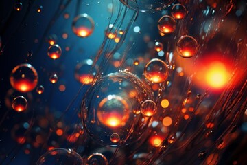 Microscopic transparent spheres glowing with red and orange light in a flowing dark blue liquid background