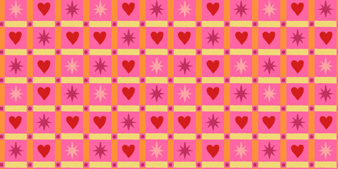 Vector checkered seamless pattern, abstract hand-drawn quirky doodles and geometric shapes with hearts and stars, love and Valentine's day wallpaper 