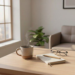 Calm morning routine scene with coffee cup, notebook, sunlight through window