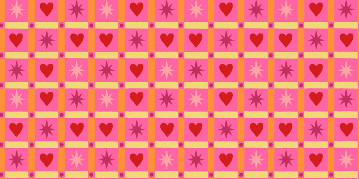 Vector checkered seamless pattern, abstract hand-drawn quirky doodles and geometric shapes with hearts and stars, love and Valentine's day wallpaper 