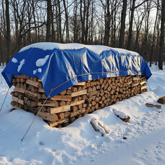 Stacked firewood covered with blue tarp in winter forest  
