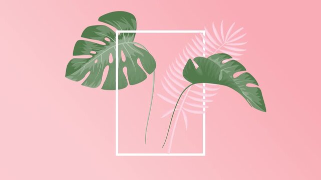 Decorative illustration of tropical monstera and palm leaves on a soft pink background with geometric frame
