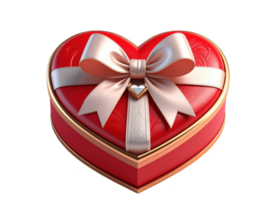 3D render of a ring box shaped like a heart with a bow,white background.