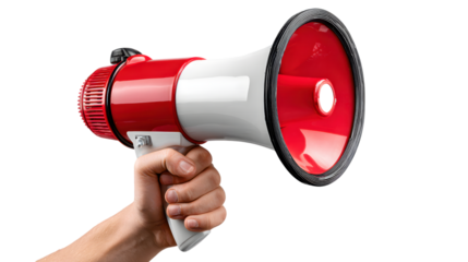 Hand holding a red megaphone or bullhorn for announcements, isolated on transparent backgrounded