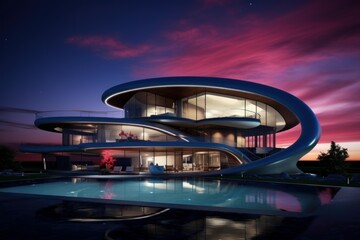 Obraz premium Futuristic architecture showcasing a luxurious modern house with a swimming pool under a dramatic twilight sky