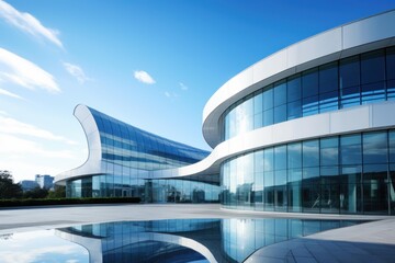 Futuristic architecture featuring a sleek, modern design with curving glass facades and reflections