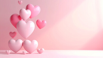 3D Glossy Pink Hearts Composition on Pastel Background for Valentine Day and Romance