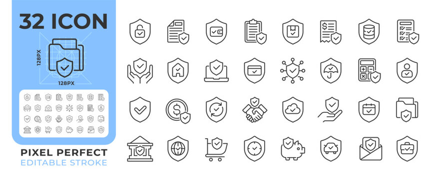 Protection pixel perfect line icons set. Data protection, personal privacy. Insurance policies. Cyber security. Isolated vector outline illustrations. Thin lineart iconset symbols. Editable stroke
