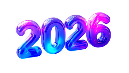 Glossy, vibrant, futuristic 2026 numerals in blue, purple, and pink