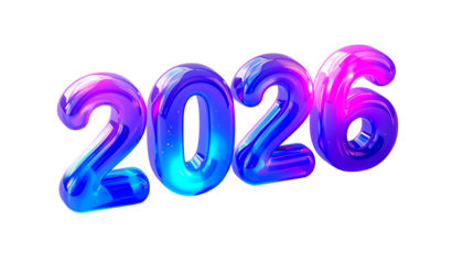 Glossy, vibrant, futuristic 2026 numerals in blue, purple, and pink