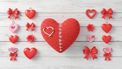 Valentine's Day hearts and bows on white wood background