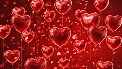 Romantic red heart balloons floating with confetti celebration