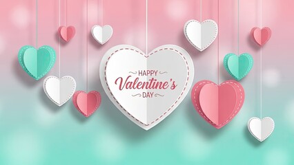 Happy Valentine's Day celebration with colorful hanging hearts