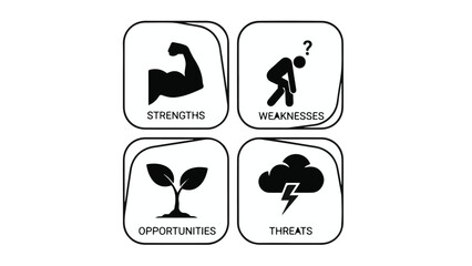 SWOT analysis diagram business strategy concept with strengths, weaknesses, opportunities, and threats icons on white background
